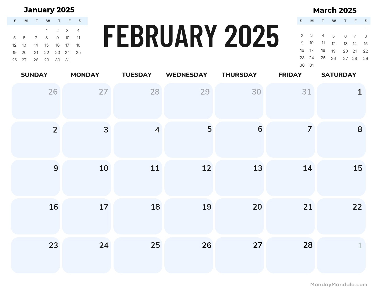 February 2025 Calendar (52 Free Pdf Printables) in February and March 2025 Calendar Printable | CalendarCrazePrint.Com