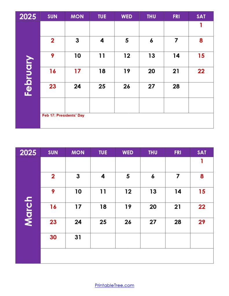 February And March 2025 Calendar Printable | Two Months Calendar In February And March 2025 Calendar Printable | CalendarCrazePrint.Com