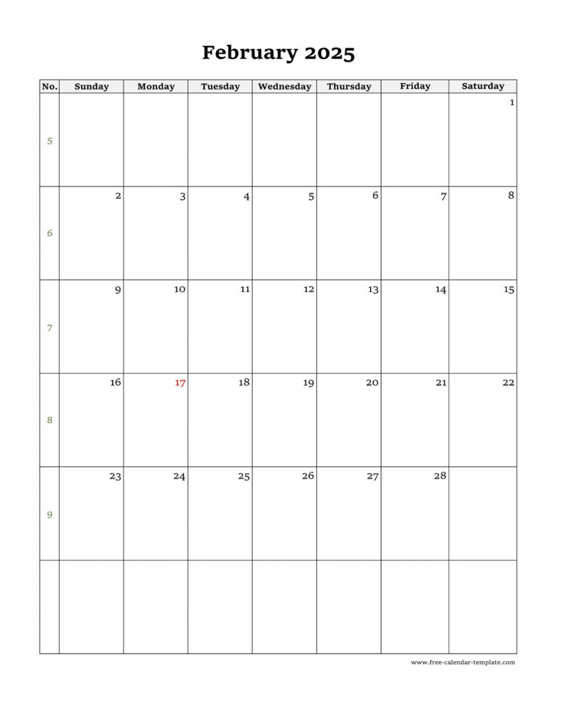 February Calendar 2025 Simple Design With Large Box On Each Day Throughout 2025 Calendar Horizontal Printable  | CalendarCrazePrint.Com