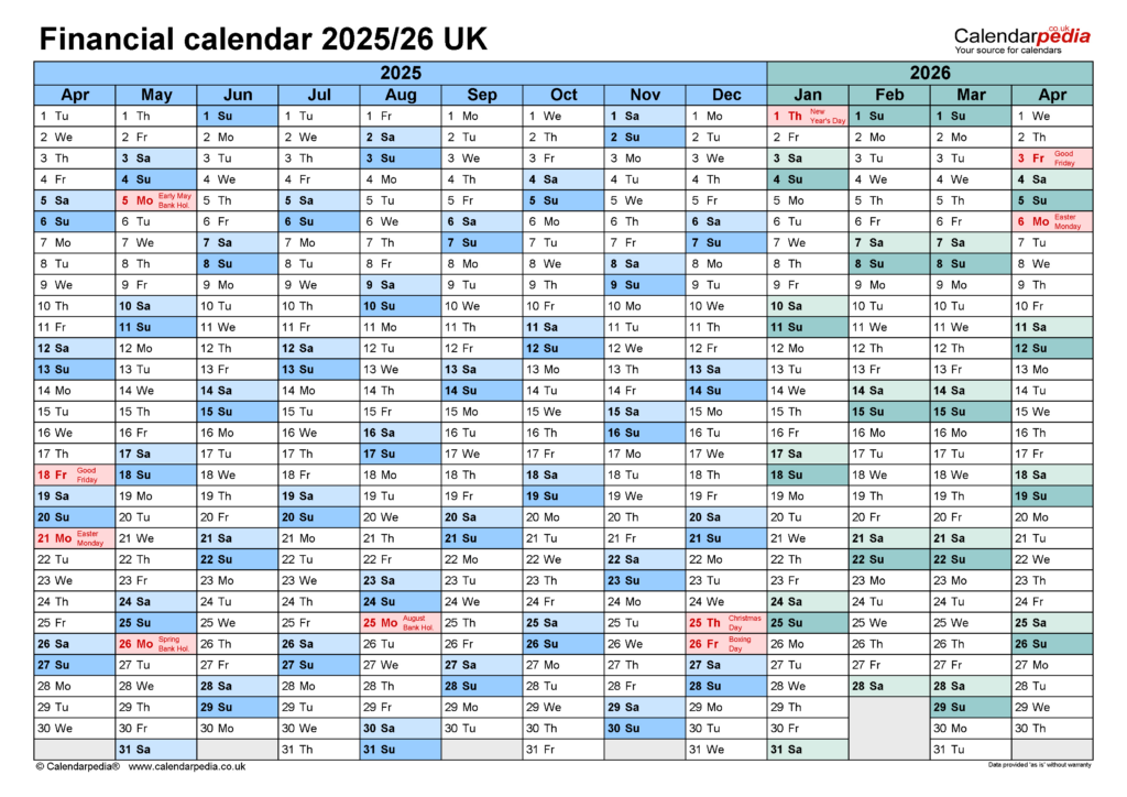 Financial Calendars 2025/26 Uk In Pdf Format Pertaining To  Calendars 2025 | CalendarCrazePrint.Com