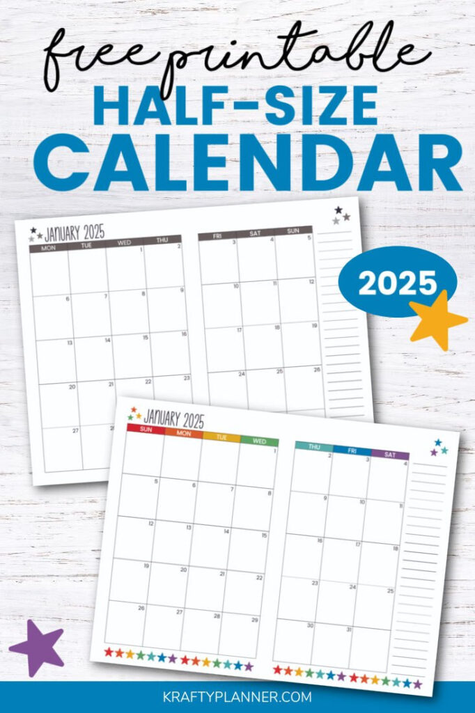 Free 2025 Calendar: Half Size Landscape — Krafty Planner Throughout  Calendars 2025 | CalendarCrazePrint.Com