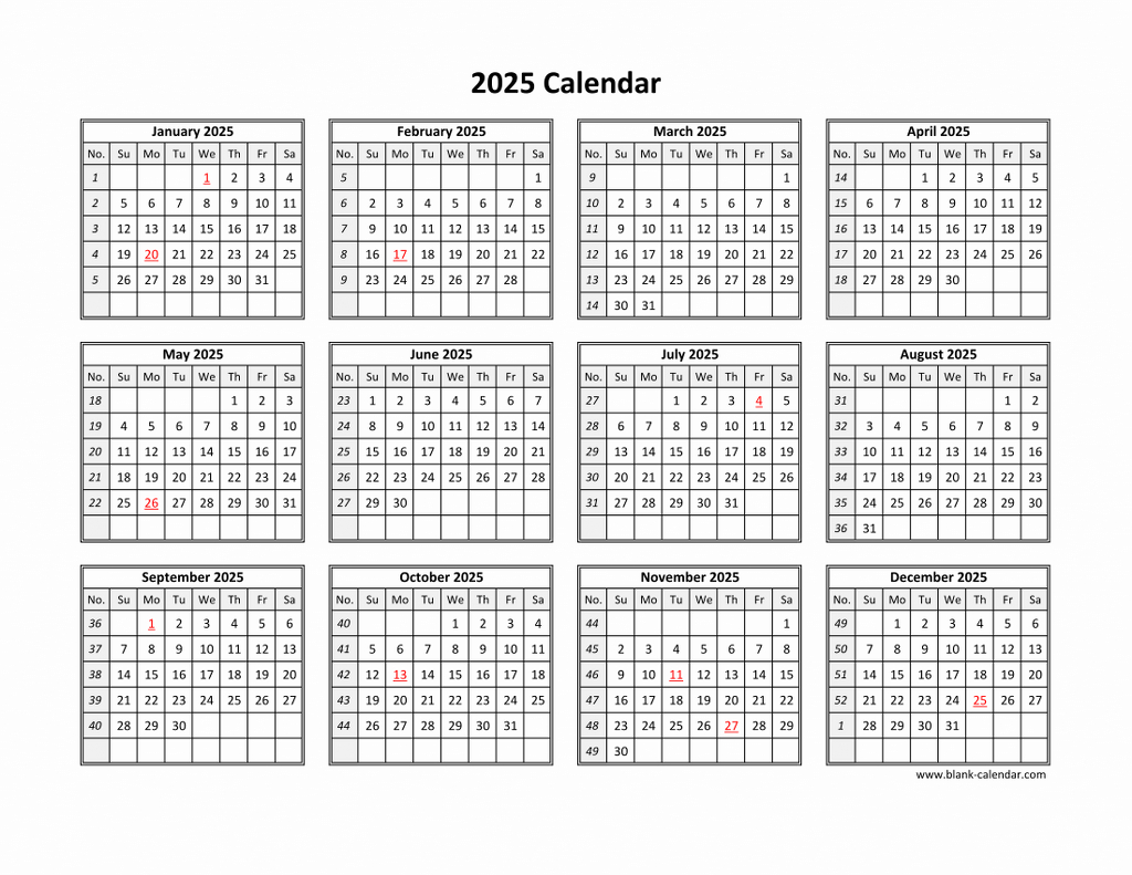 Free Download Printable Calendar 2025 In One Page, Clean Design. in Calendars 2025 | CalendarCrazePrint.Com