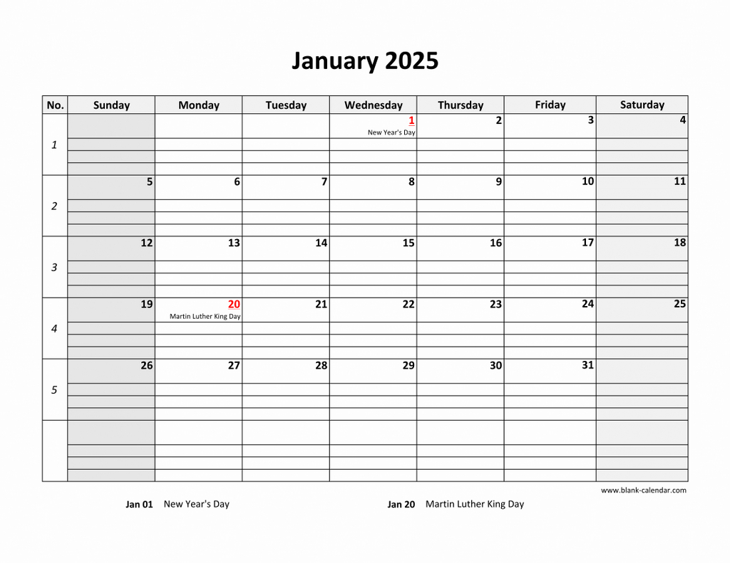 Free Download Printable Calendar 2025, Large Box Grid, Space For Notes for Free Printable Calendar with Lines 2025 | CalendarCrazePrint.Com