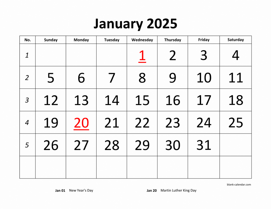 Free Download Printable Calendar 2025, Large Font Design for Free Printable Blank Monthly Calendar 2025 | CalendarCrazePrint.Com