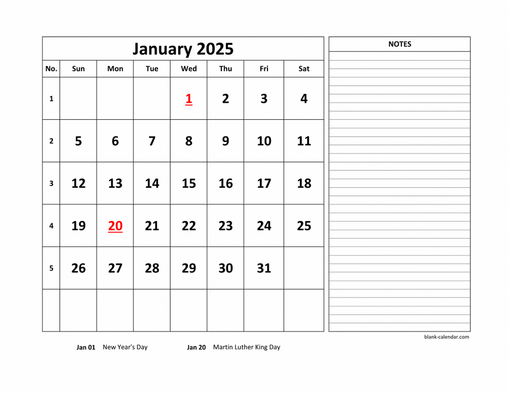 Free Download Printable Calendar 2025, Large Space For Appointment for 2025 Calendar With Notes Printable | CalendarCrazePrint.Com