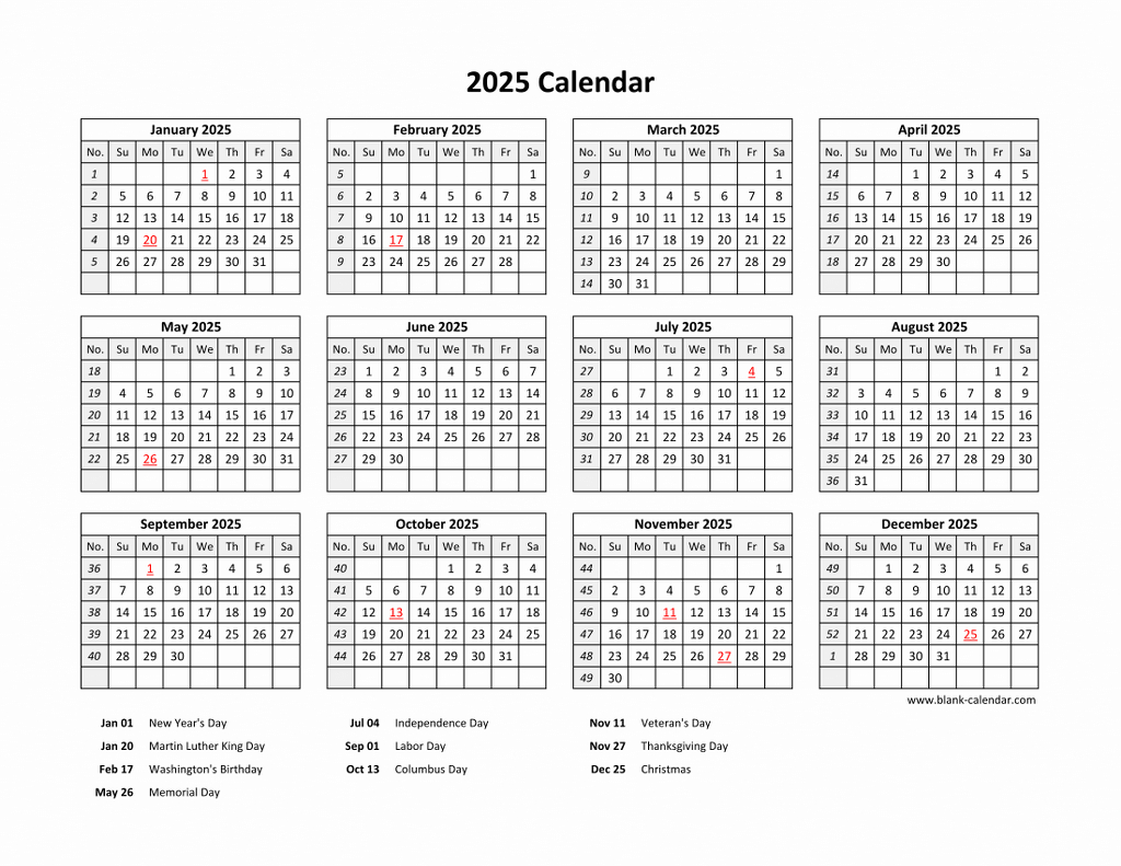 Free Download Printable Calendar 2025 With Us Federal Holidays for 2025 Printable Calendar with Federal Holidays | CalendarCrazePrint.Com