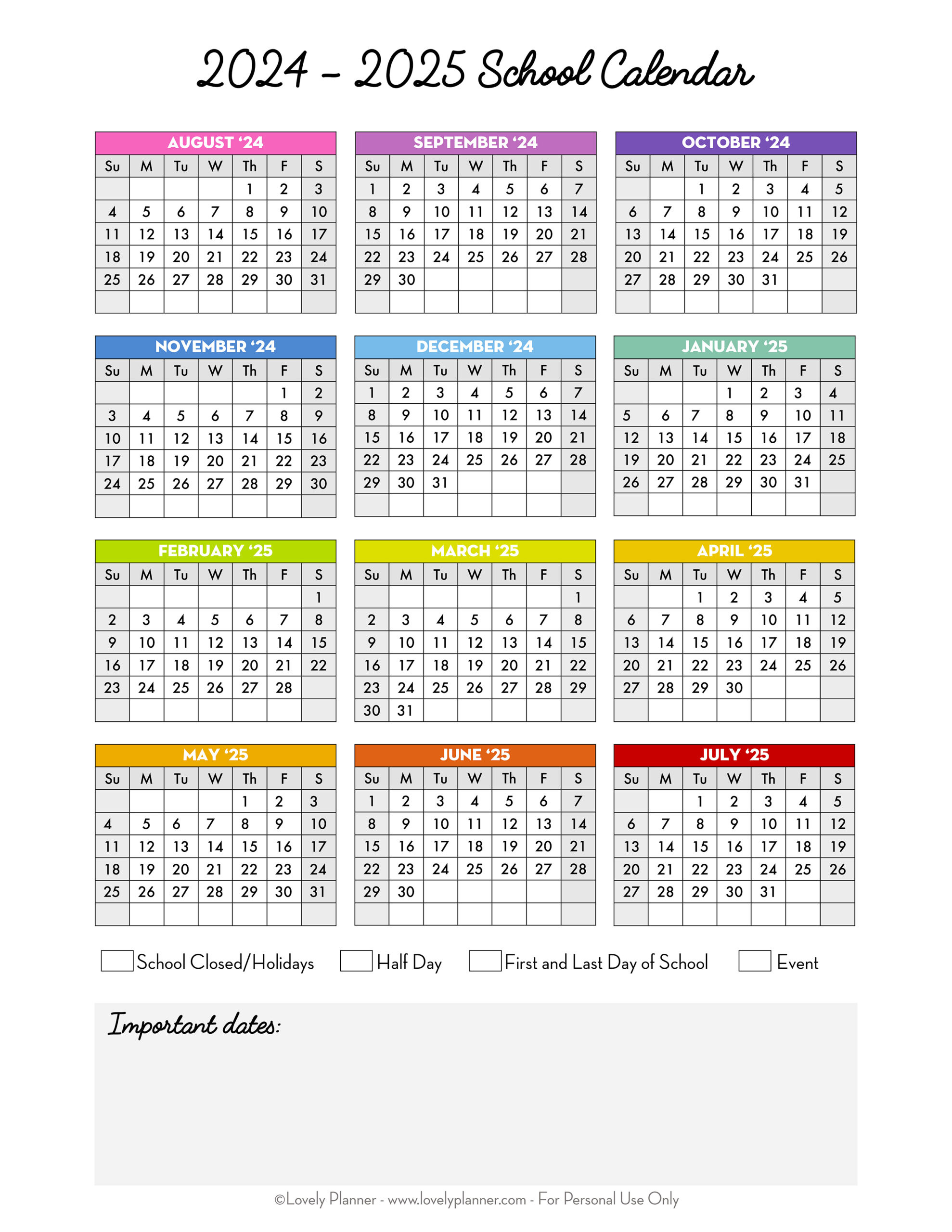 Free Printable 2024-2025 School Calendar - One Page Academic inside 2024 - 2025 Calendar Printable Download | CalendarCrazePrint.Com