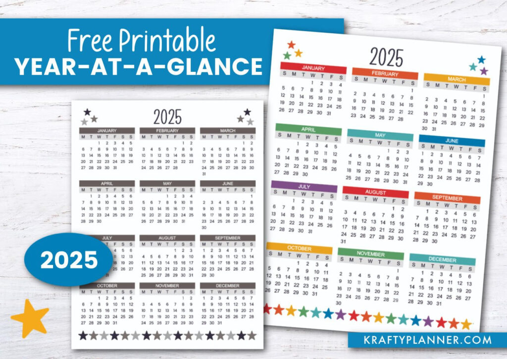 Free Printable 2025 Year At A Glance — Krafty Planner For 2025 Year Free Printable Calendar  | CalendarCrazePrint.Com