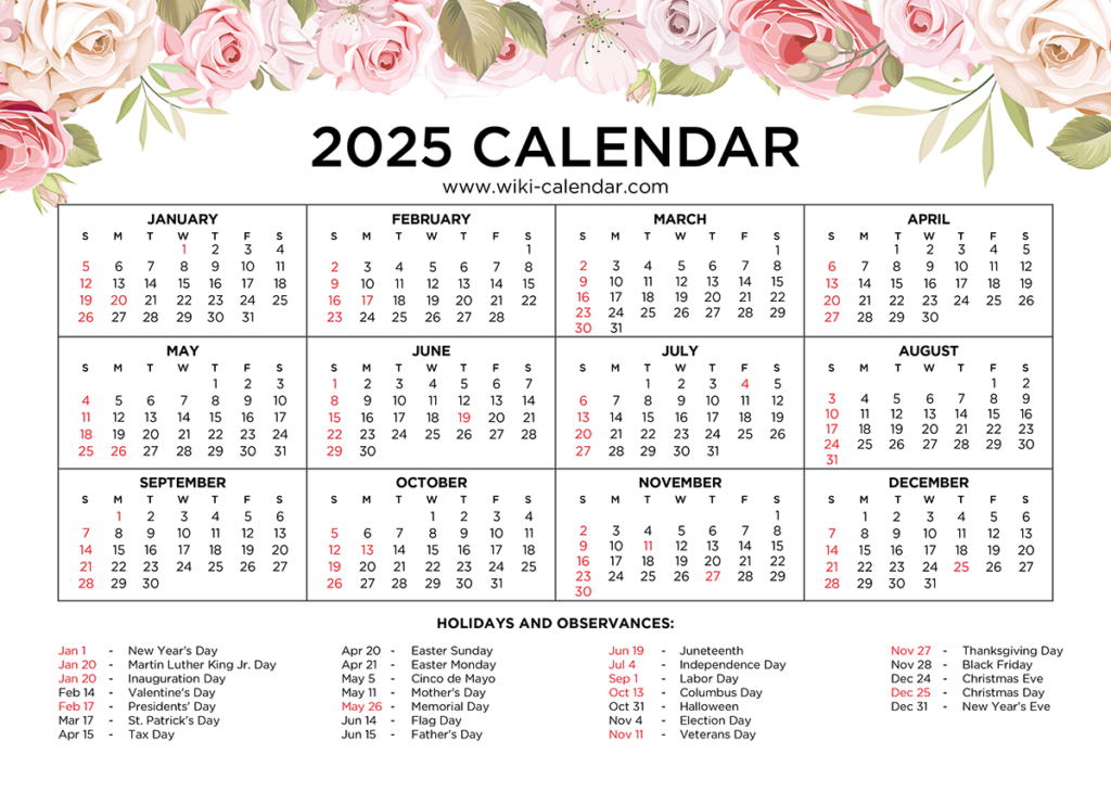 Free Printable Floral Calendar 2025   Wiki Calendar For Floral Printable Calendar 2025 | CalendarCrazePrint.Com