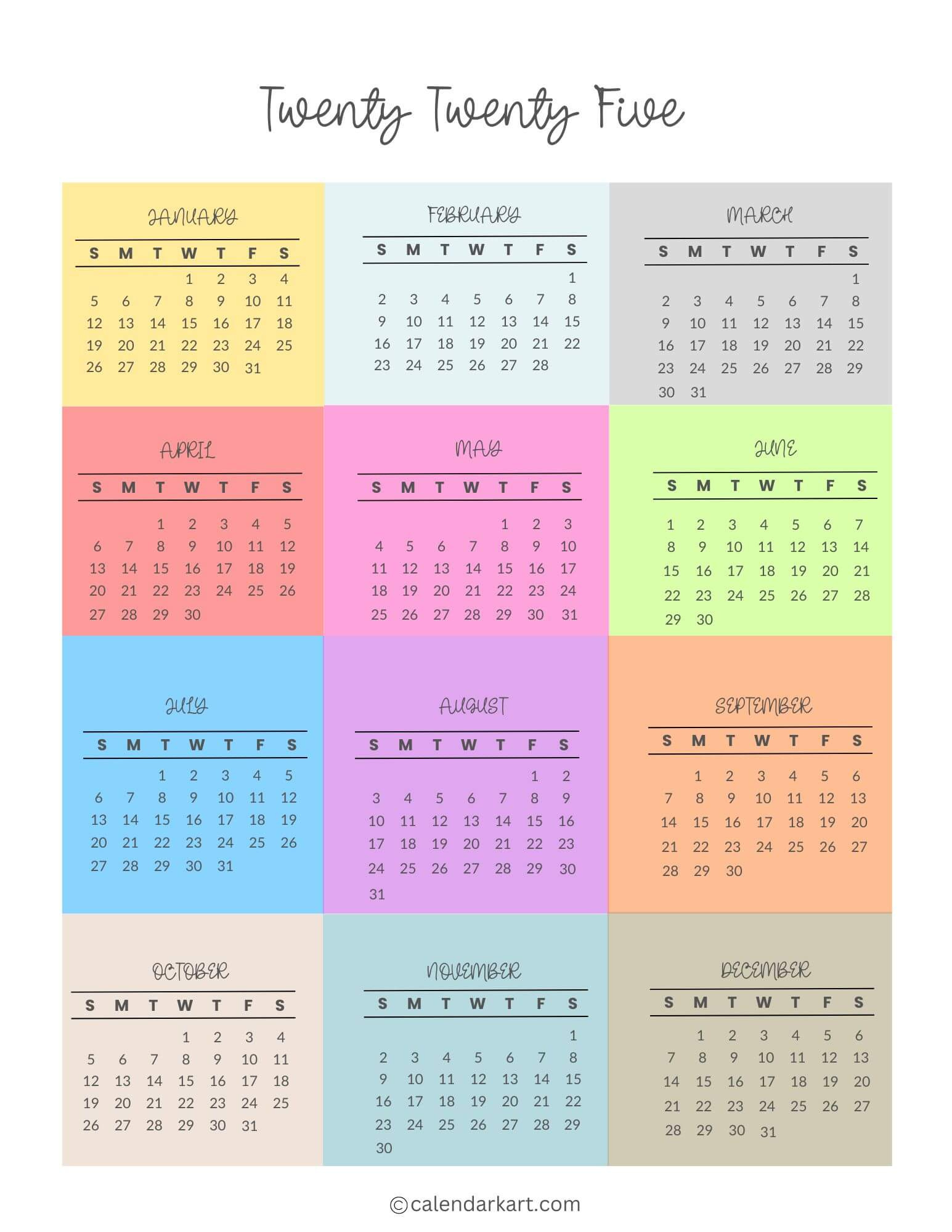 Free Printable Year At A Glance Calendar 2025 - Calendarkart for Calendars 2025 | CalendarCrazePrint.Com