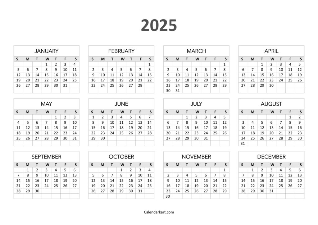 Free Printable Year At A Glance Calendar 2025   Calendarkart Throughout 2025 Julian Calendar Printable Free Download  | CalendarCrazePrint.Com