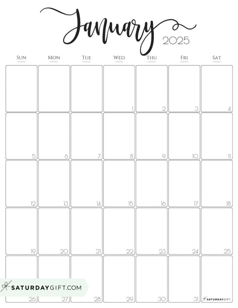 January 2025 Calendar - 20 Cute &amp;amp; Free Printables | Saturdaygift in January Calendar 2025 Printable Free | CalendarCrazePrint.Com