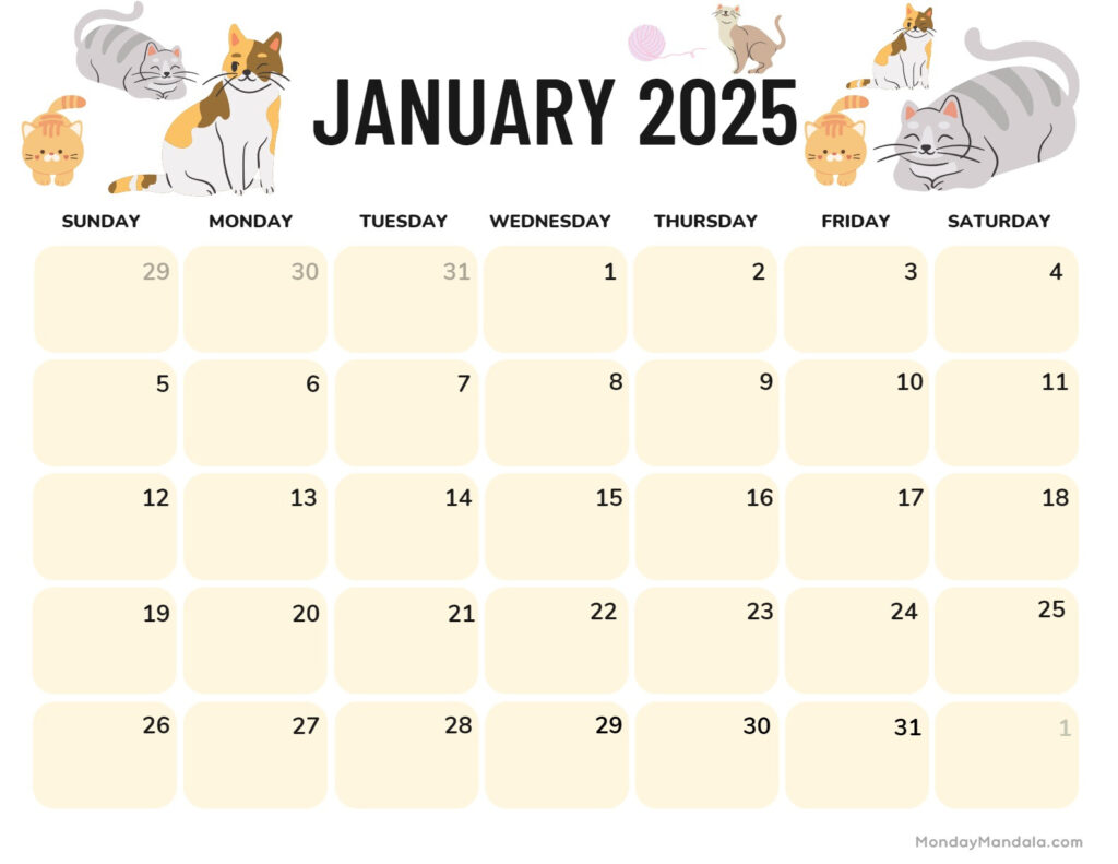 January 2025 Calendar (52 Free Pdf Printables) Inside Free Printable Cat Calendar 2025 | CalendarCrazePrint.Com