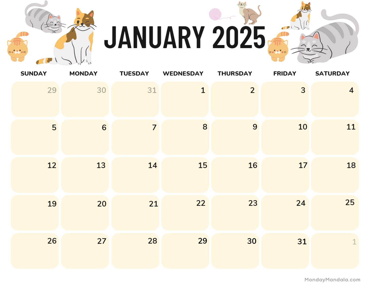 January 2025 Calendar (52 Free Pdf Printables) inside Free Printable Cat Calendar 2025 | CalendarCrazePrint.Com