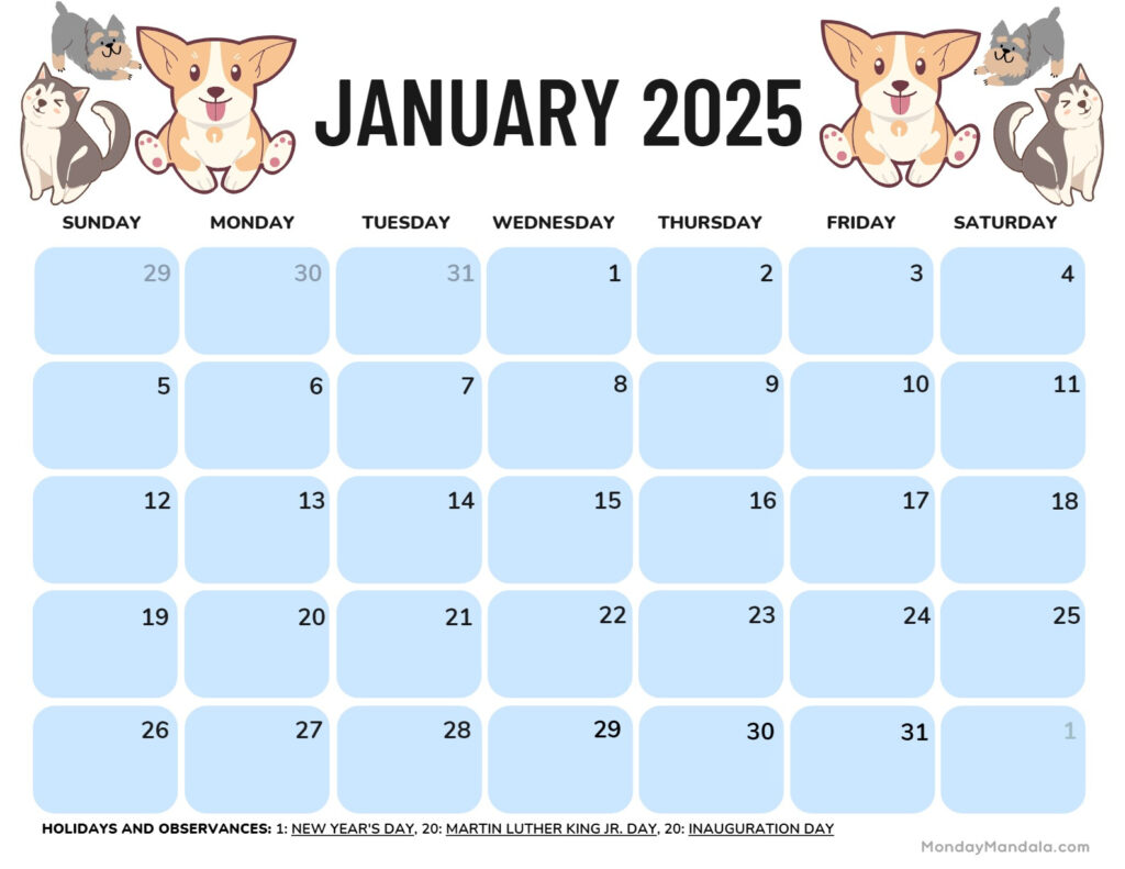 January 2025 Calendar (52 Free Pdf Printables) Inside Free Printable Dog Calendar 2025 | CalendarCrazePrint.Com