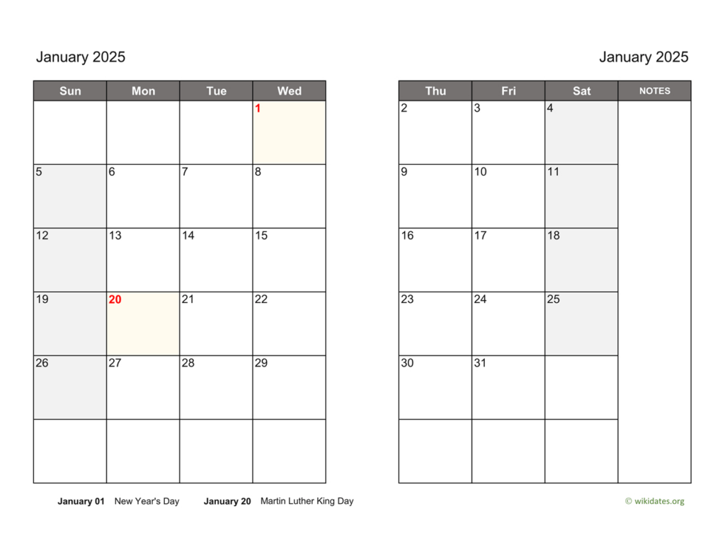 January 2025 Calendar On Two Pages | Wikidates Inside Free Printable 2 Page Monthly Calendar 2025  | CalendarCrazePrint.Com