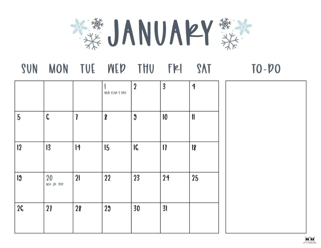 January 2025 Calendars - 107 Free Printables | Printabulls for 2025 Calendar Printable Free with Holidays | CalendarCrazePrint.Com