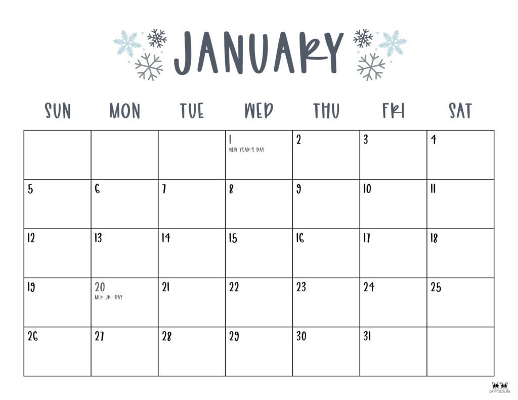 January 2025 Calendars - 107 Free Printables | Printabulls for Calendars 2025 | CalendarCrazePrint.Com