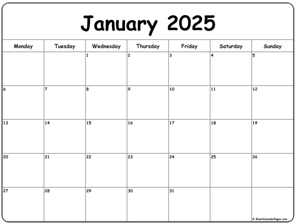 January 2025 Monday Calendar | Monday To Sunday Inside Free Printable 2025 Calendar Monday Start | CalendarCrazePrint.Com