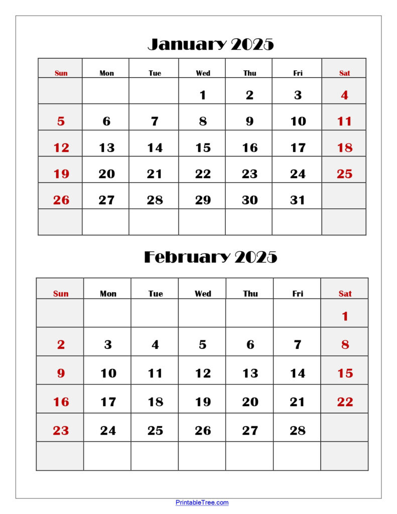 January And February 2025 Calendar | Two Months Calendar Inside  Calendars 2025 | CalendarCrazePrint.Com