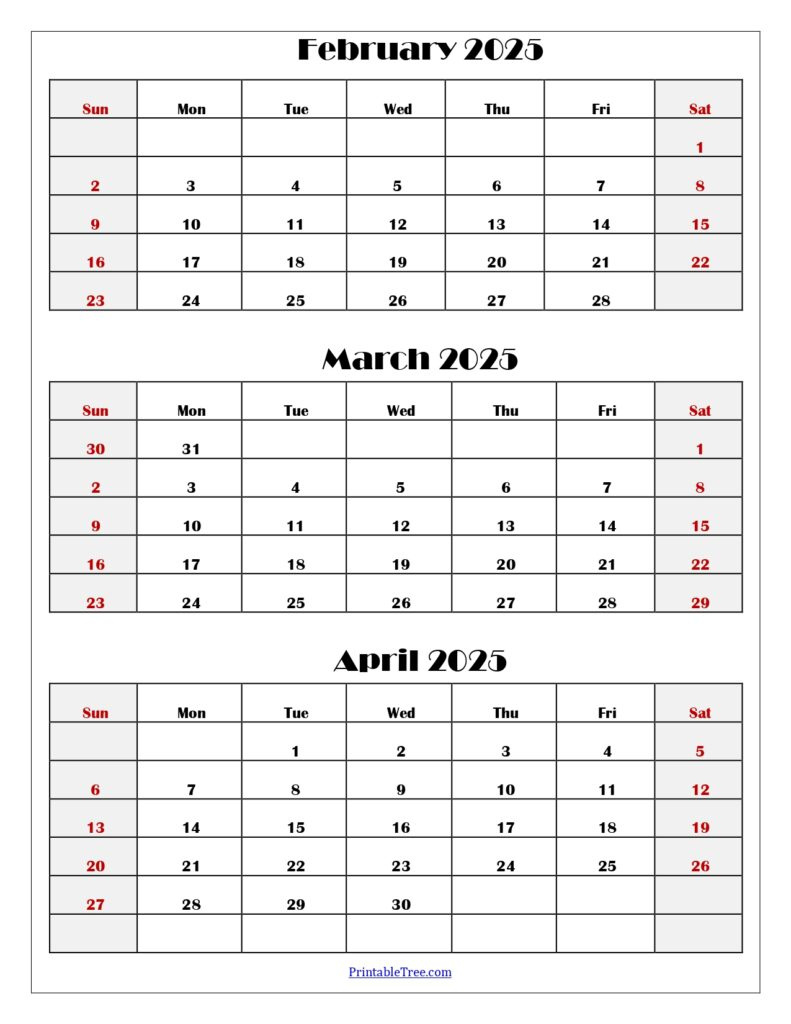 January To April 2025 Calendar Printable Pdf | Four Months Calendar for Feb March April 2025 Calendar Printable | CalendarCrazePrint.Com