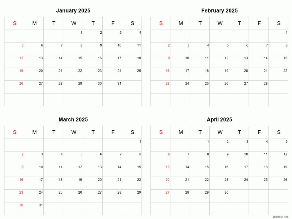 January To April 2025 Printable Calendar | Four Months Per Page In Printable Calendar 4 Months Per Page 2025 | CalendarCrazePrint.Com