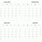 January To April 2025 Printable Calendar | Four Months Per Page In Printable Calendar 4 Months Per Page 2025 | CalendarCrazePrint.Com