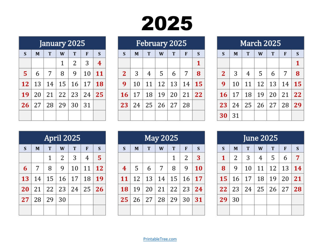 January To June 2025 Calendar Printable Pdf | Si Months Calendar With  Calendars 2025 | CalendarCrazePrint.Com