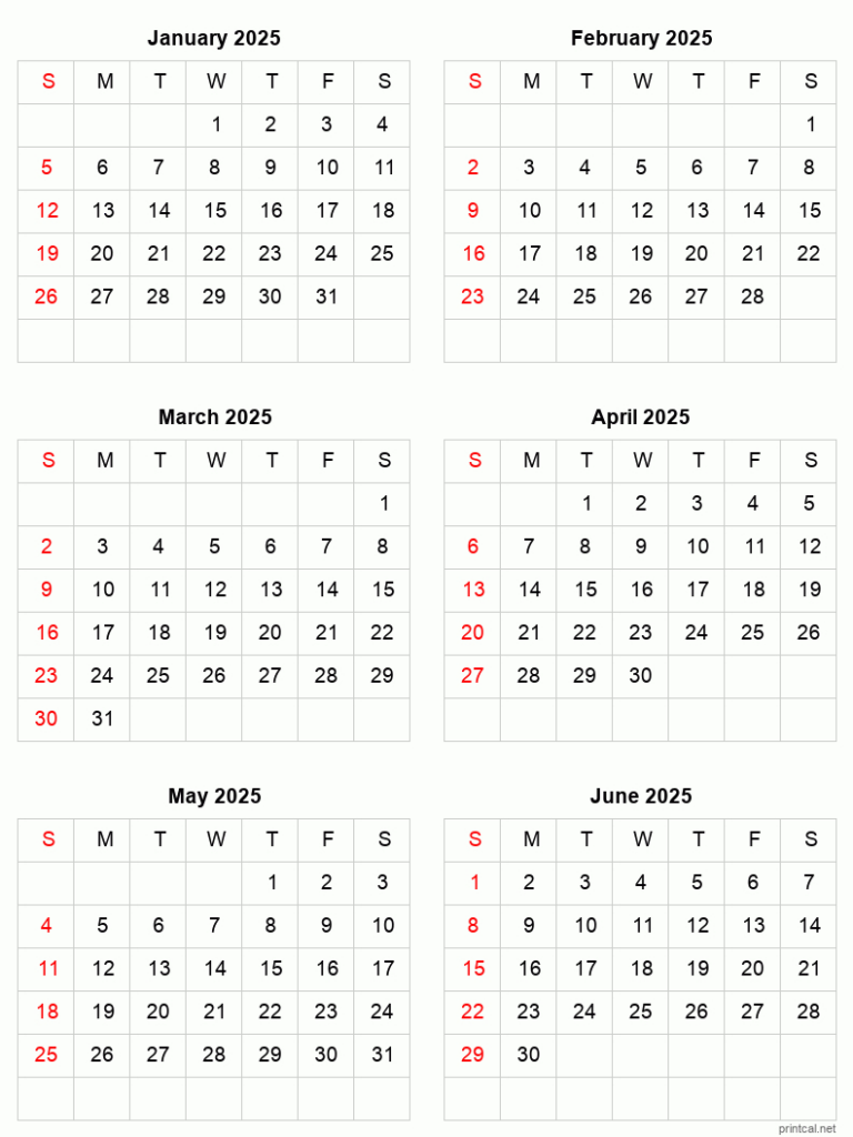 January To June 2025 Printable Calendar | Six Months Per Page In  Calendars 2025 | CalendarCrazePrint.Com