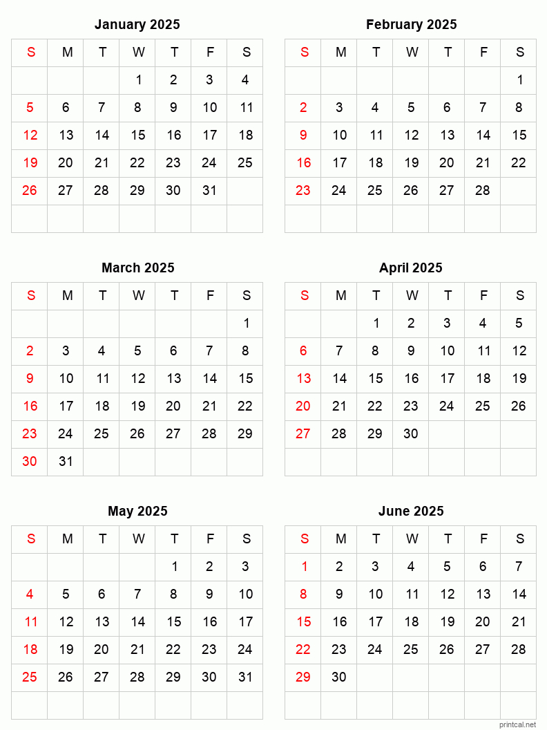 January To June 2025 Printable Calendar | Six Months Per Page in Calendars 2025 | CalendarCrazePrint.Com