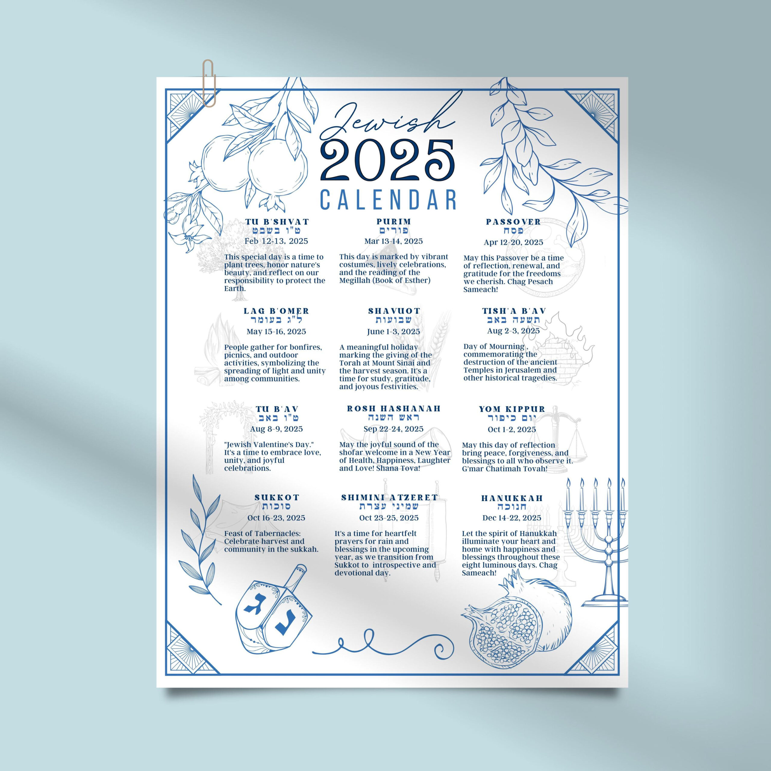 Jewish Calendar 2025 Poster Jewish Gift New Year 5785 Rosh for 2025 Calendar With Jewish Holidays Printable | CalendarCrazePrint.Com