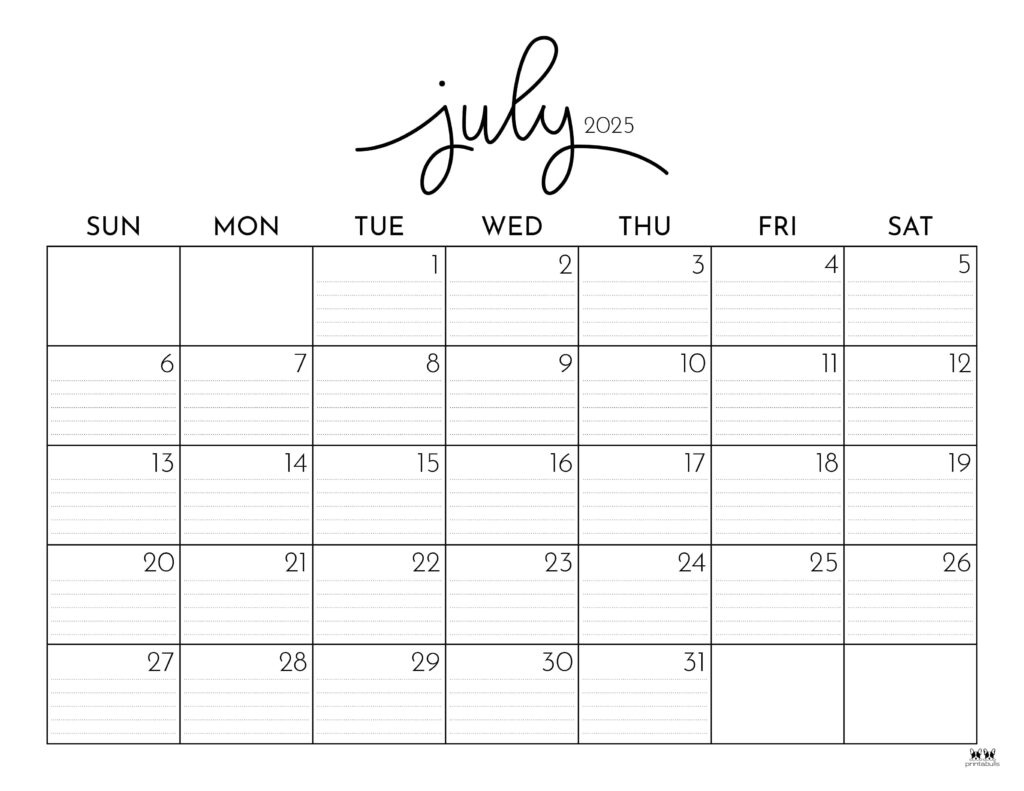 July 2025 Calendars - 107 Free Printables | Printabulls inside Calendars 2025 | CalendarCrazePrint.Com