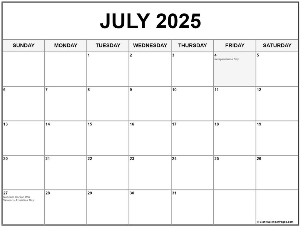 July 2025 With Holidays Calendar For  Calendars 2025 | CalendarCrazePrint.Com