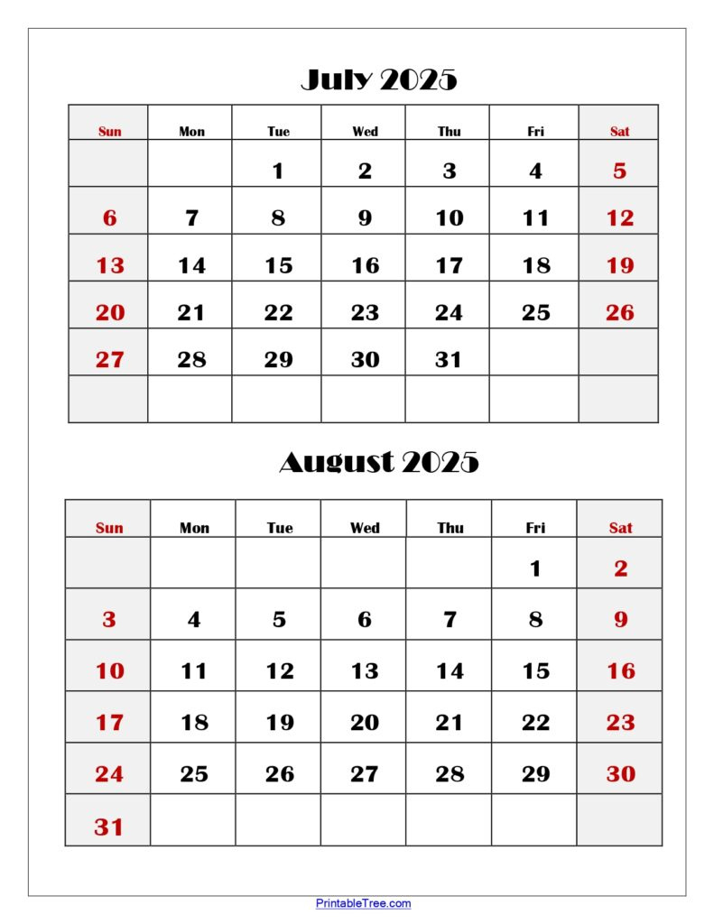 July And August 2025 Calendar Printable Pdf | Two Months Calendar intended for Calendars 2025 | CalendarCrazePrint.Com