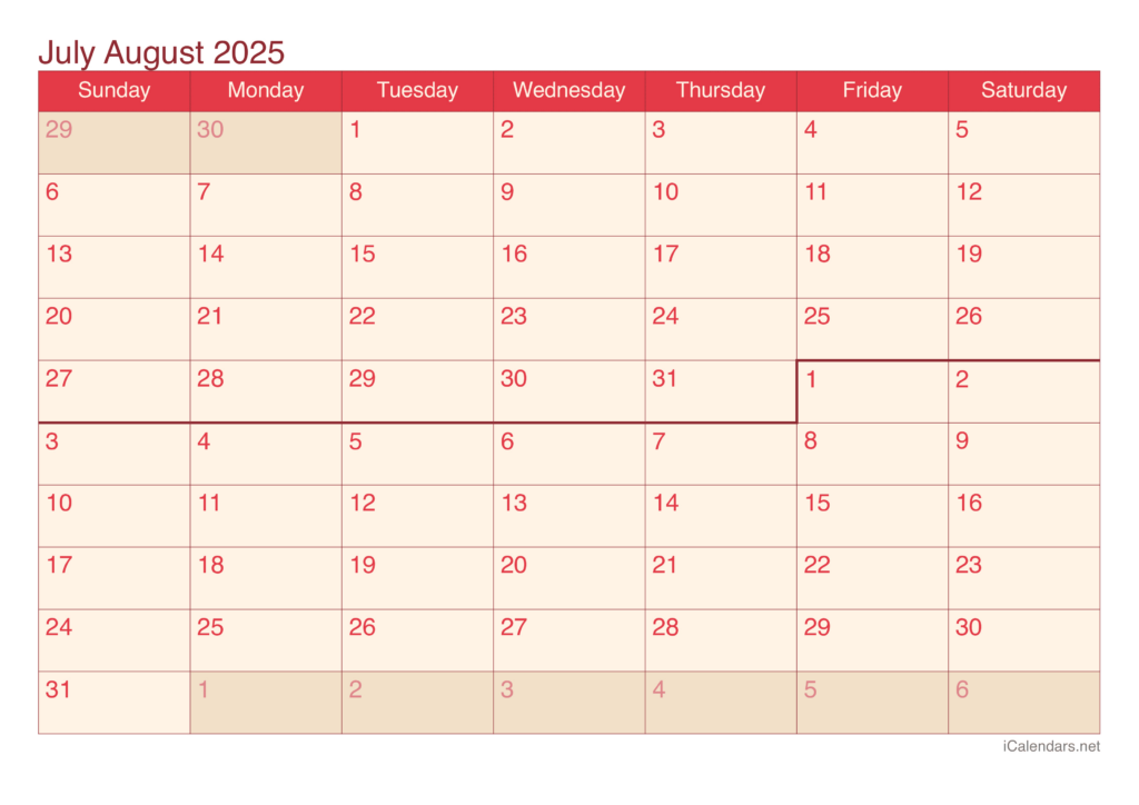 July And August 2025 Printable Calendar For  Calendars 2025 | CalendarCrazePrint.Com