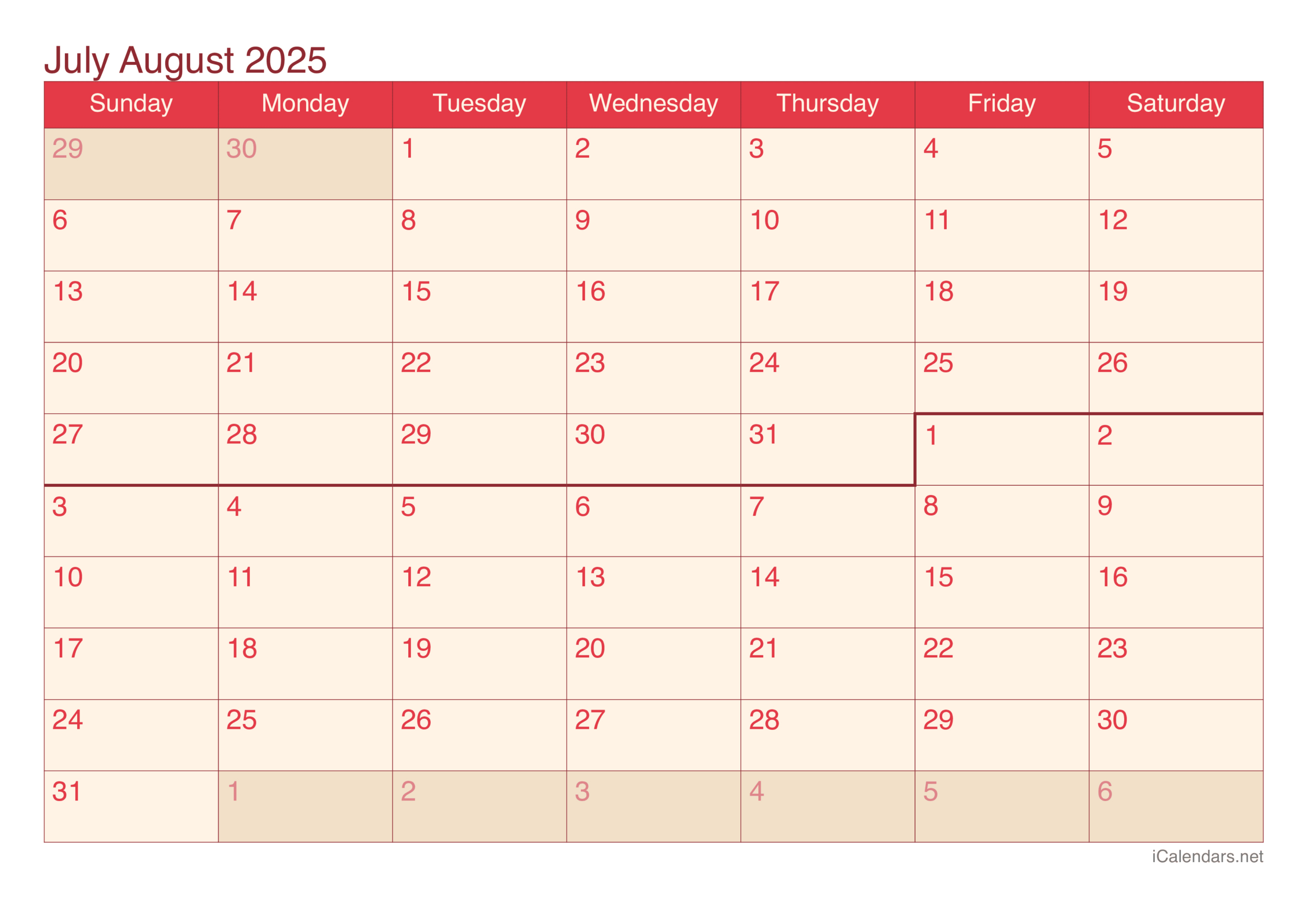 July And August 2025 Printable Calendar for Calendars 2025 | CalendarCrazePrint.Com