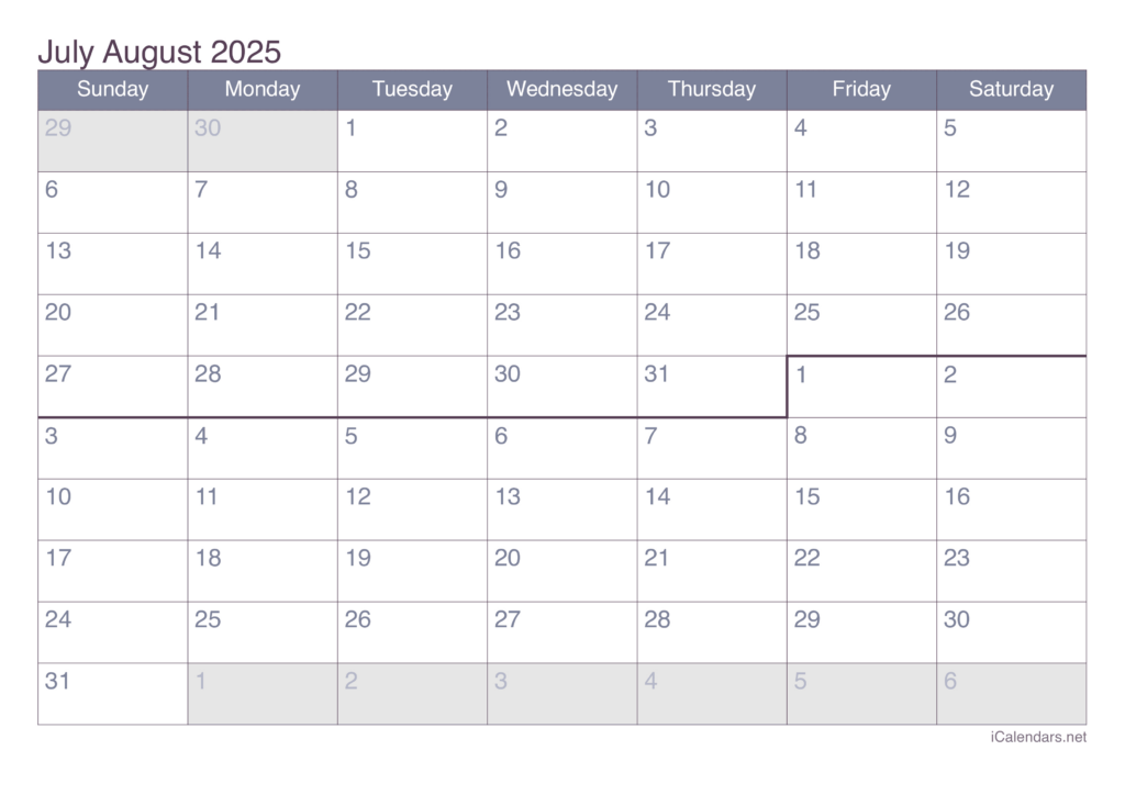 July And August 2025 Printable Calendar Pertaining To Printable Calendar July And August 2025  | CalendarCrazePrint.Com