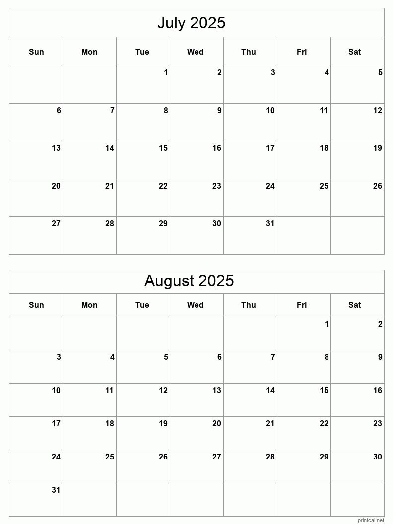 July To August 2025 Printable Calendar | Two Months Per Page regarding Calendars 2025 | CalendarCrazePrint.Com