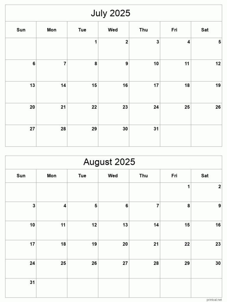 July To August 2025 Printable Calendar | Two Months Per Page Regarding  Calendars 2025 | CalendarCrazePrint.Com