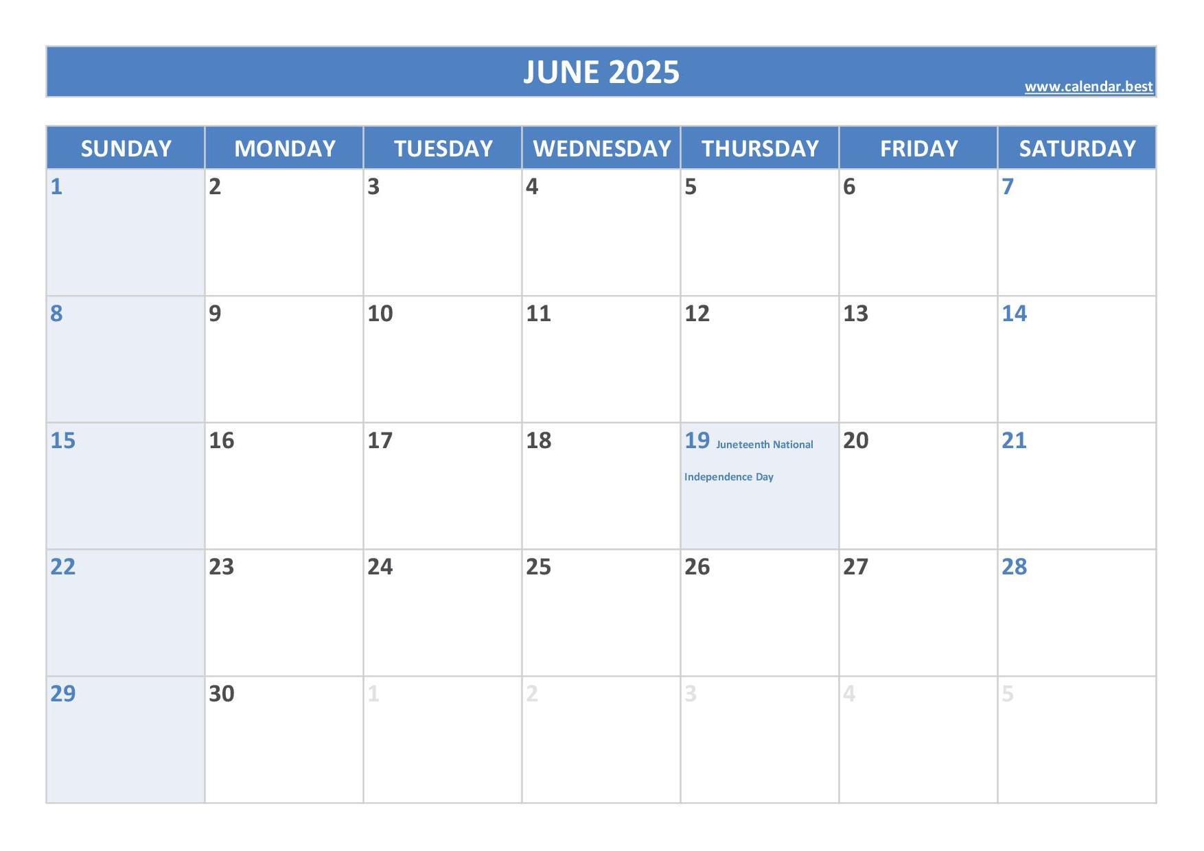 June 2025 Calendar -Calendar.best pertaining to June 2025 Calendar With Holidays Printable | CalendarCrazePrint.Com