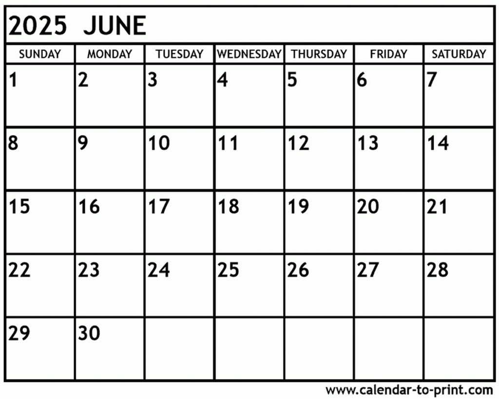 June 2025 Calendar Printable For  Calendars 2025 | CalendarCrazePrint.Com