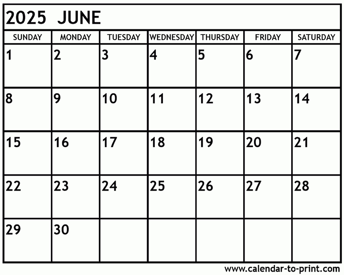 June 2025 Calendar Printable for Calendars 2025 | CalendarCrazePrint.Com