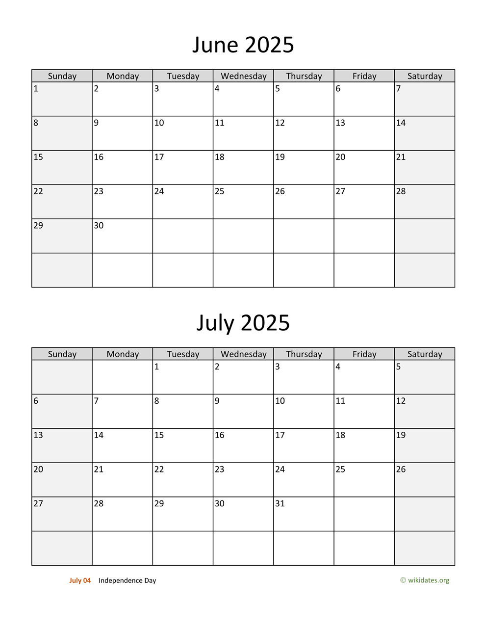 June And July 2025 Calendar | Wikidates in Calendars 2025 | CalendarCrazePrint.Com