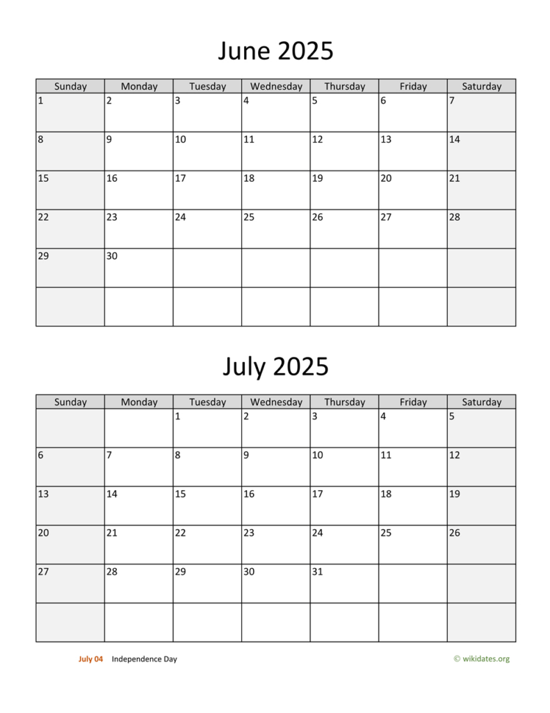 June And July 2025 Calendar | Wikidates Inside Calendar July 2025 To June 2025 Printable | CalendarCrazePrint.Com