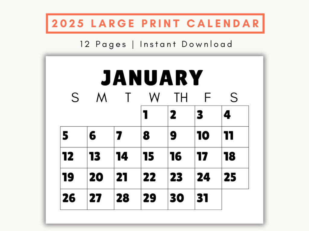 Large Print Monthly Calendar, 2025, Senior Citizen Calendar With In 2025 Big Calendar Printable | CalendarCrazePrint.Com