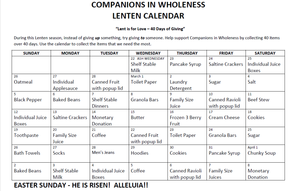 Lenten Calendar: Companions In Wholeness – Grace Congregational In Lenten Calendar 2025 Printable | CalendarCrazePrint.Com