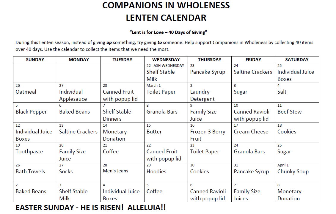 Lenten Calendar: Companions In Wholeness – Grace Congregational in Lenten Calendar 2025 Printable | CalendarCrazePrint.Com