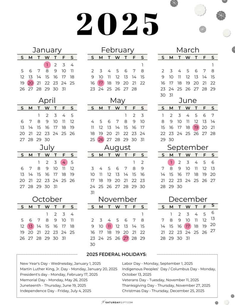 List Of Federal Holidays 2025 In The U.s. | Saturdaygift for Calendars 2025 | CalendarCrazePrint.Com