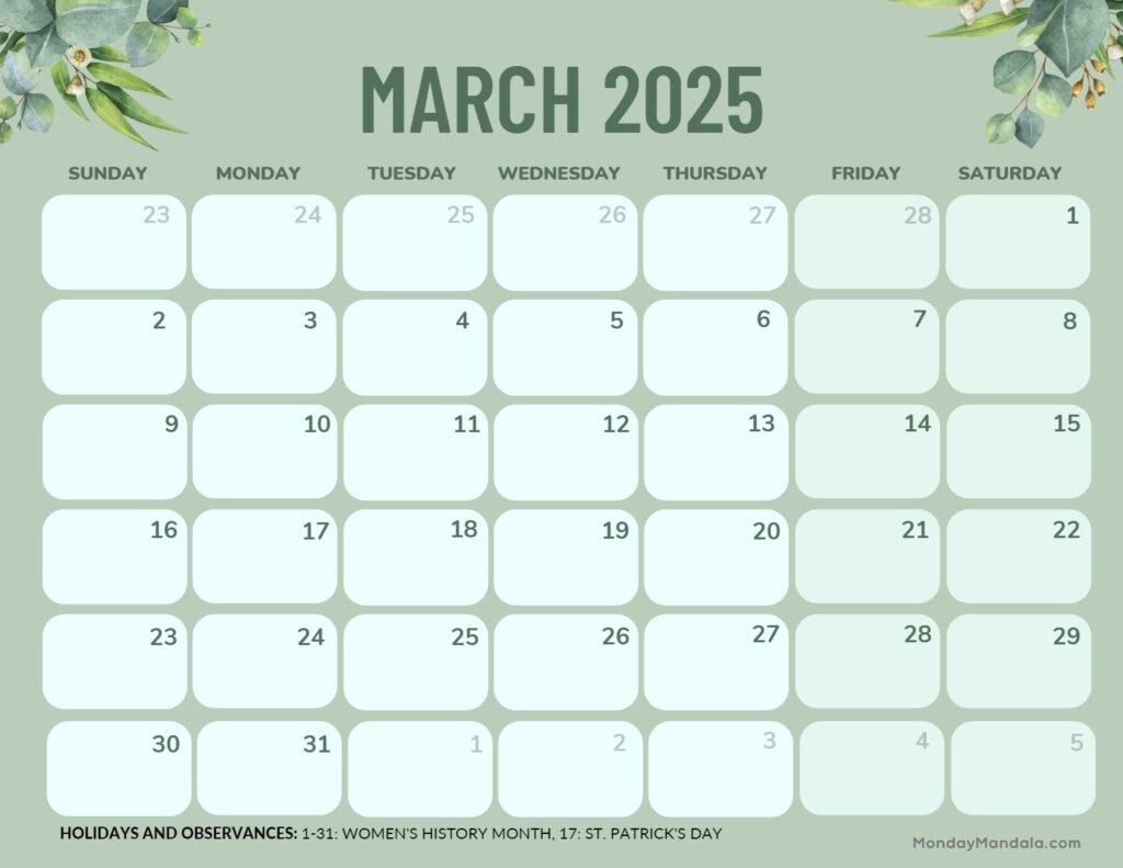 March 2025 Calendar (52 Free Pdf Printables) Regarding  Calendars 2025 | CalendarCrazePrint.Com