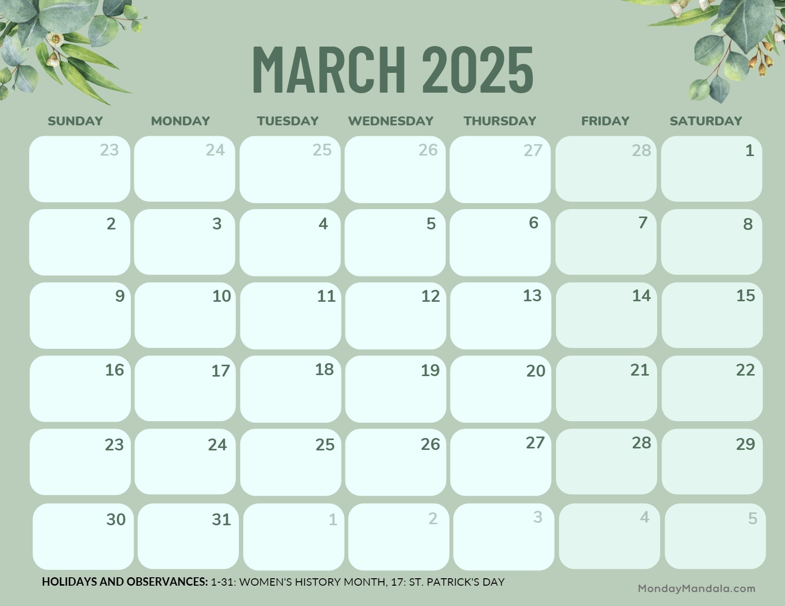 March 2025 Calendar (52 Free Pdf Printables) regarding Calendars 2025 | CalendarCrazePrint.Com